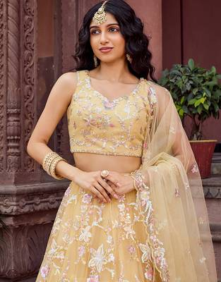 Yellow Net Fabric Sequins embroidery Semi Stitched Lehenga & Unstitched Blouse With Dupatta 4