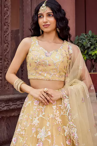 Yellow Net Fabric Sequins embroidery Semi Stitched Lehenga & Unstitched Blouse With Dupatta