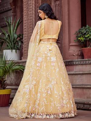 Yellow Net Fabric Sequins embroidery Semi Stitched Lehenga & Unstitched Blouse With Dupatta 5