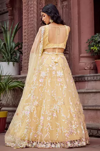Yellow Net Fabric Sequins embroidery Semi Stitched Lehenga & Unstitched Blouse With Dupatta