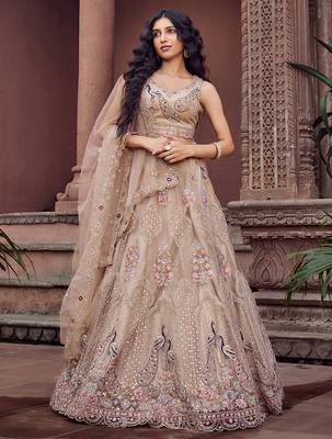 Beige Net Fabric Sequins embroidery Semi Stitched Lehenga & Unstitched Blouse With Dupatta 1
