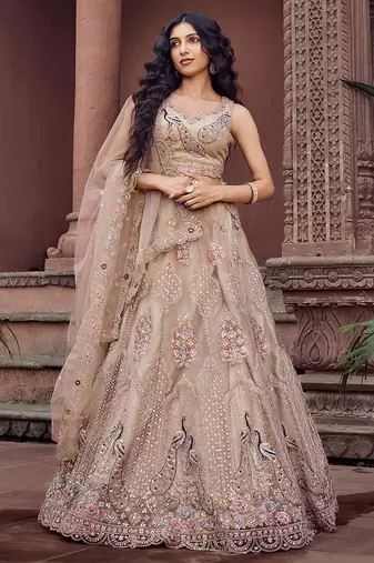 Beige Net Fabric Sequins embroidery Semi Stitched Lehenga & Unstitched Blouse With Dupatta