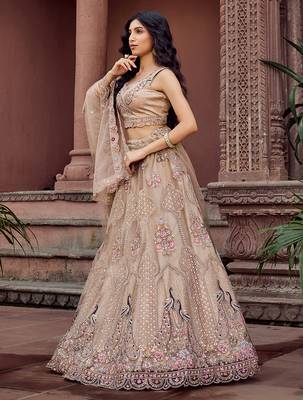 Beige Net Fabric Sequins embroidery Semi Stitched Lehenga & Unstitched Blouse With Dupatta 2