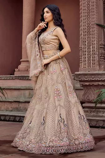 Beige Net Fabric Sequins embroidery Semi Stitched Lehenga & Unstitched Blouse With Dupatta