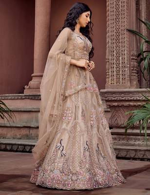 Beige Net Fabric Sequins embroidery Semi Stitched Lehenga & Unstitched Blouse With Dupatta 3