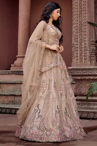 Beige Net Fabric Sequins embroidery Semi Stitched Lehenga & Unstitched Blouse With Dupatta
