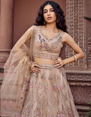 Beige Net Fabric Sequins embroidery Semi Stitched Lehenga & Unstitched Blouse With Dupatta 4