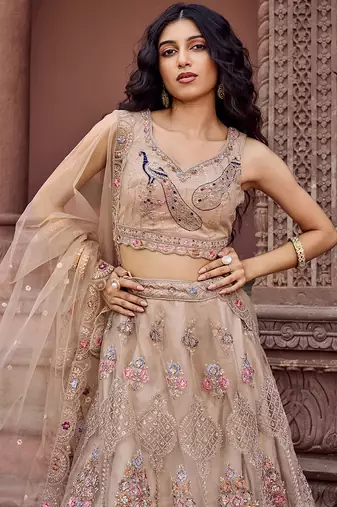 Beige Net Fabric Sequins embroidery Semi Stitched Lehenga & Unstitched Blouse With Dupatta