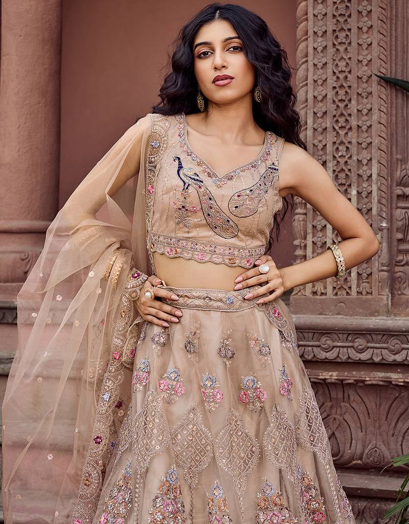 Beige Net Fabric Sequins embroidery Semi Stitched Lehenga & Unstitched Blouse With Dupatta