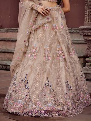 Beige Net Fabric Sequins embroidery Semi Stitched Lehenga & Unstitched Blouse With Dupatta 5