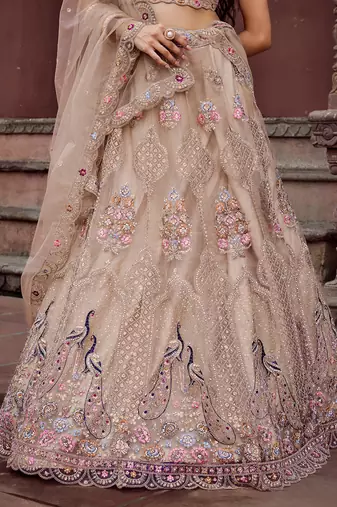 Beige Net Fabric Sequins embroidery Semi Stitched Lehenga & Unstitched Blouse With Dupatta