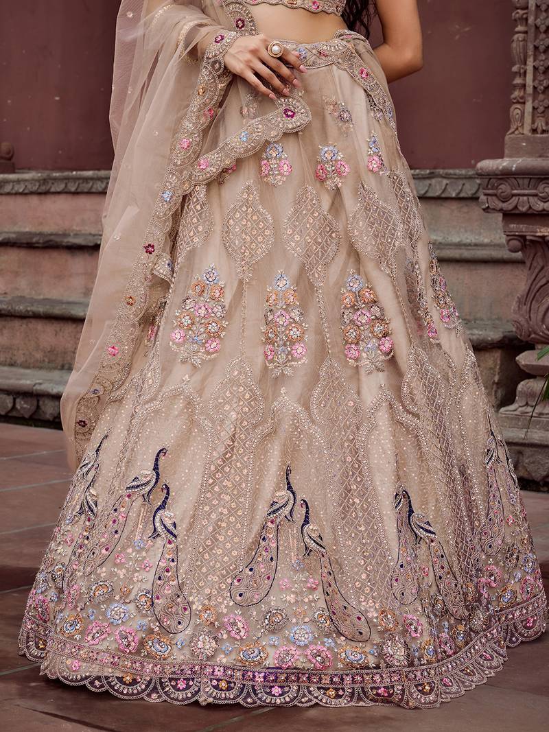 Beige Net Fabric Sequins embroidery Semi Stitched Lehenga & Unstitched Blouse With Dupatta