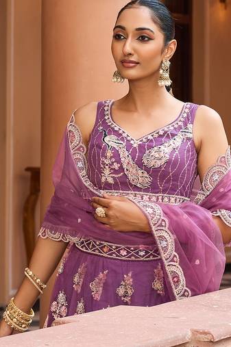 Lavender Net Fabric Sequins embroidery Semi Stitched Lehenga & Unstitched Blouse With Dupatta