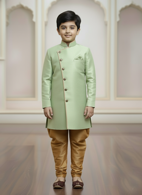 green faux_jute plain boys indo western dress with pajama 1