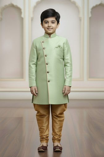green faux_jute plain boys indo western dress with pajama