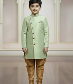 green faux_jute plain boys indo western dress with pajama
