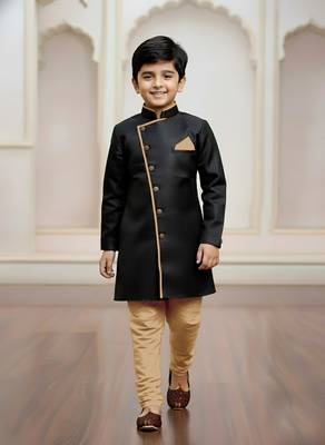 black faux_jute plain boys indo western dress with pajama 1