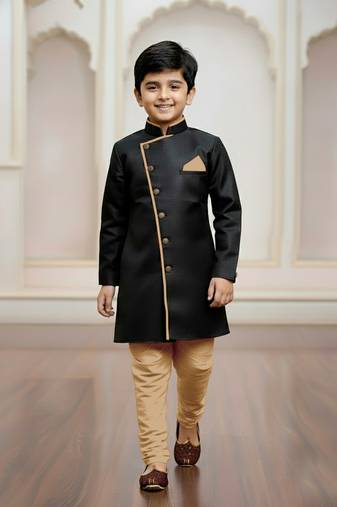 black faux_jute plain boys indo western dress with pajama