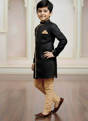 black faux_jute plain boys indo western dress with pajama 2