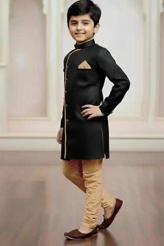 black faux_jute plain boys indo western dress with pajama
