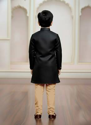 black faux_jute plain boys indo western dress with pajama 4