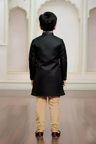 black faux_jute plain boys indo western dress with pajama