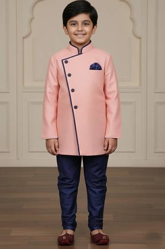 pink faux_jute plain boys indo western dress with pajama