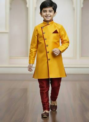 yellow faux_jute plain boys indo western dress with pajama 1