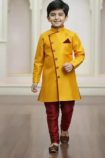 yellow faux_jute plain boys indo western dress with pajama