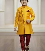 yellow faux_jute plain boys indo western dress with pajama