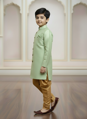 green faux_jute plain boys indo western dress with pajama 2