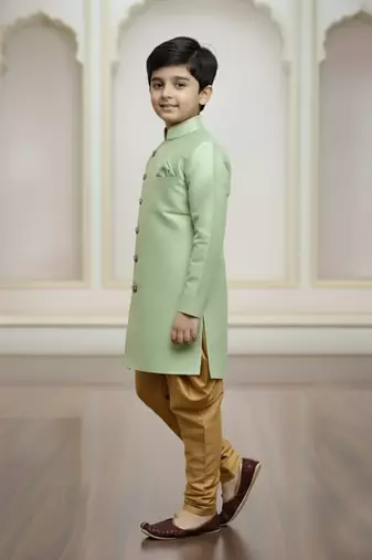 green faux_jute plain boys indo western dress with pajama