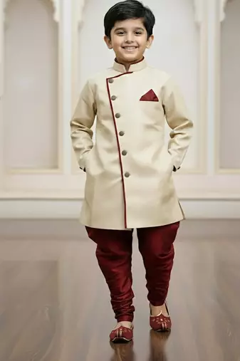 gold faux_jute plain boys indo western dress with pajama