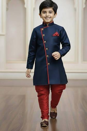 blue faux_jute plain boys indo western dress with pajama