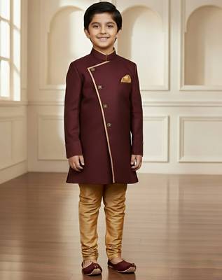maroon faux_jute plain boys indo western dress with pajama 1