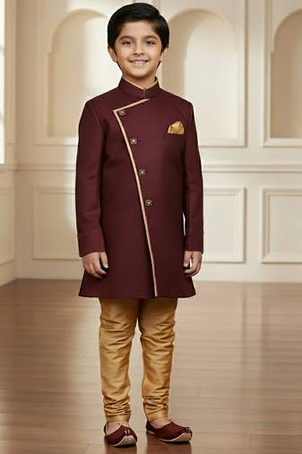 maroon faux_jute plain boys indo western dress with pajama
