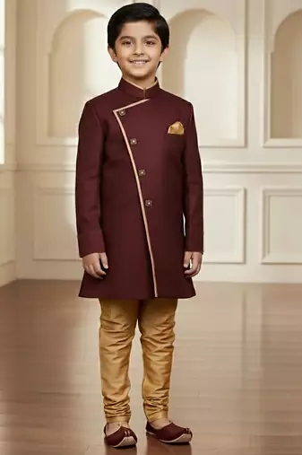 maroon faux_jute plain boys indo western dress with pajama