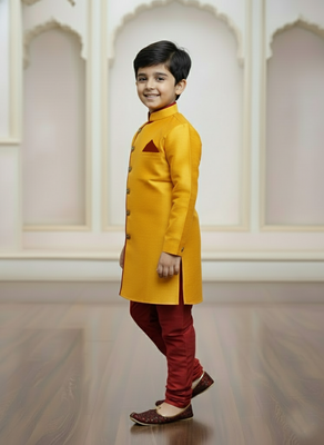 yellow faux_jute plain boys indo western dress with pajama 2