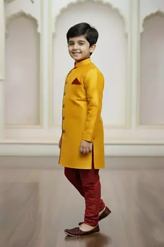 yellow faux_jute plain boys indo western dress with pajama