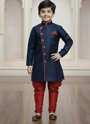 blue faux_jute plain boys indo western dress with pajama 2