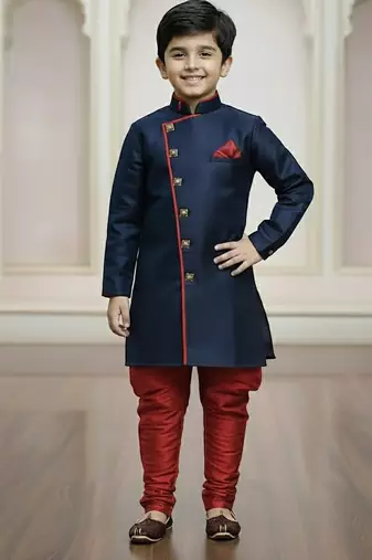 blue faux_jute plain boys indo western dress with pajama