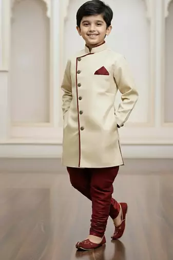 gold faux_jute plain boys indo western dress with pajama