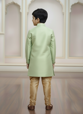 green faux_jute plain boys indo western dress with pajama 3