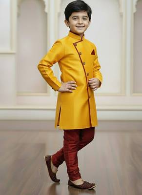 yellow faux_jute plain boys indo western dress with pajama 3
