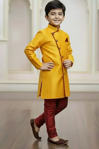 yellow faux_jute plain boys indo western dress with pajama