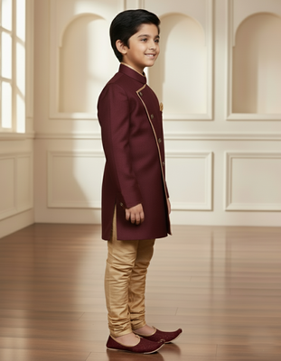 maroon faux_jute plain boys indo western dress with pajama 2