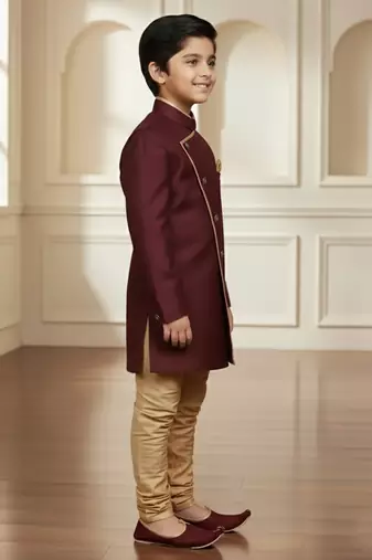 maroon faux_jute plain boys indo western dress with pajama