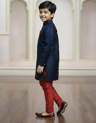 blue faux_jute plain boys indo western dress with pajama 3