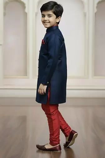 blue faux_jute plain boys indo western dress with pajama
