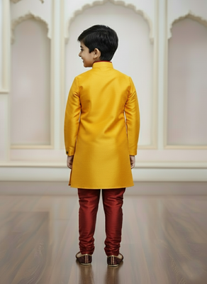 yellow faux_jute plain boys indo western dress with pajama 4